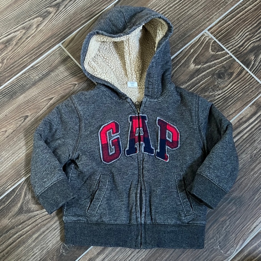 GAP Fleece lined zip up hoodie with plaid lettering size 2T